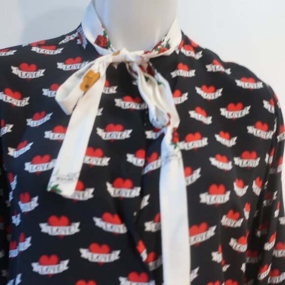Sandro Paris Maika Multi(Item- 22) Pure Silk Tattoo Love Heart Tie Neck Blouse 2 - Picture 6 of 13
